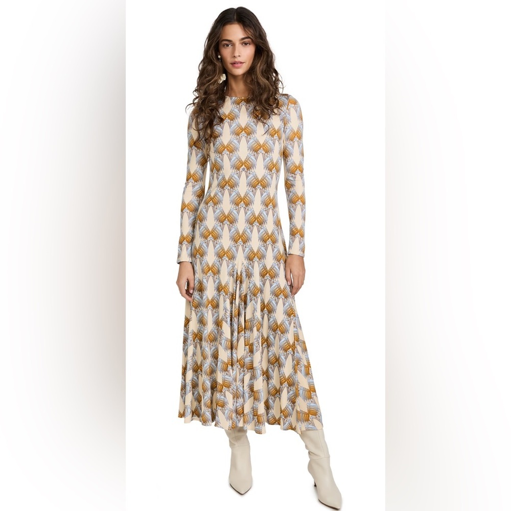 NWT Tory Burch Printed Sheath Dress Sand Deco Crane Geo Pattern